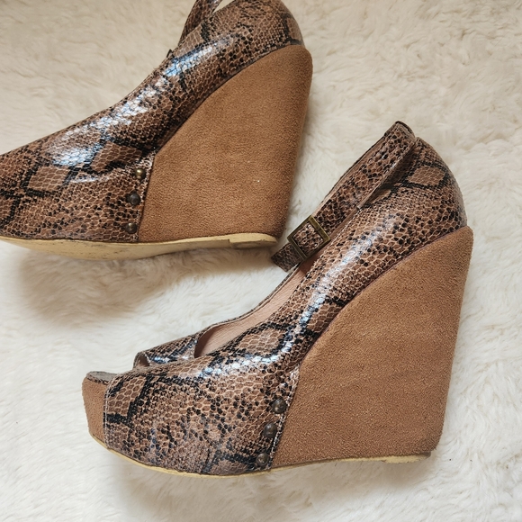 Roberto Vianni Snake-print Python Peep-toe Wedge Platform Heels Sandals Size 38 - Picture 6 of 14